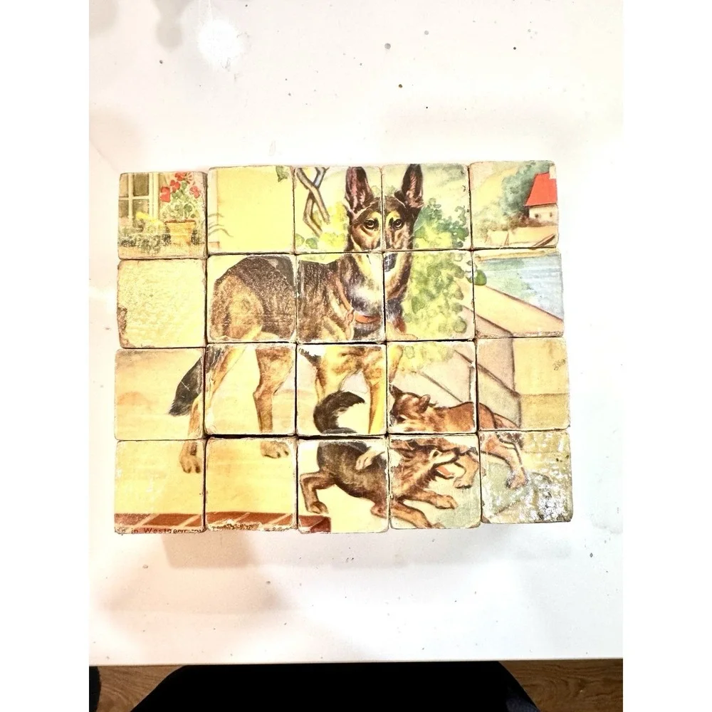 Vintage Farmhouse Wooden Picture Blocks Puzzle Chicken Horse Kitten‎ Cottagecore